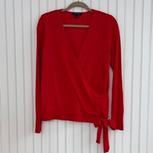 Ann Taylor Red Wrap Sweater with Bow Detail - Large - Merino Wool